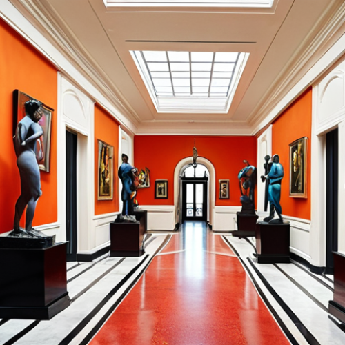 Home 23 **
A grand art hotel lobby with sculptures and vibrant paintings, evoking a museum-like atmosphere, leading to art-filled hallways, inspiring artistic sensibility.
**