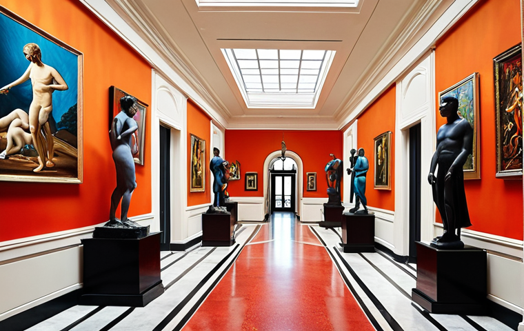 **
A grand art hotel lobby with sculptures and vibrant paintings, evoking a museum-like atmosphere, leading to art-filled hallways, inspiring artistic sensibility.
**