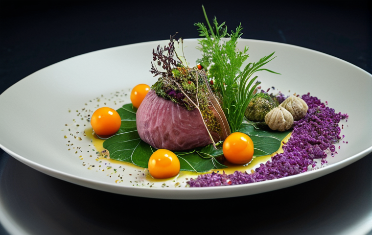 A chef's artistic philosophy reflected in a dish made with foraged ingredients, presented with colorful and textural contrast.