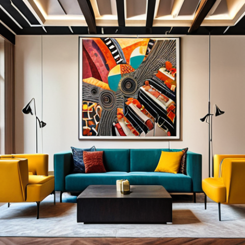Home 21 **
Prompt: Art hotel lobby, abstract painting on the wall, unique sculpture hanging from the ceiling, geometric sofa, artistic details, art books, jazz music playing.
**
