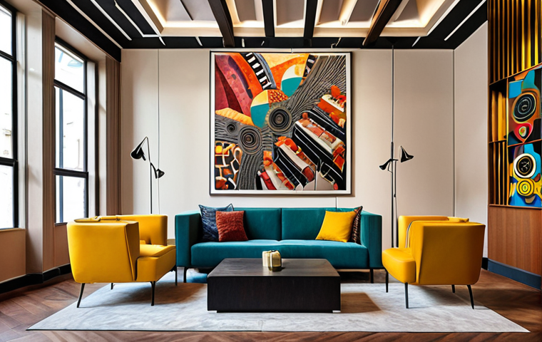 **
Prompt: Art hotel lobby, abstract painting on the wall, unique sculpture hanging from the ceiling, geometric sofa, artistic details, art books, jazz music playing.
**