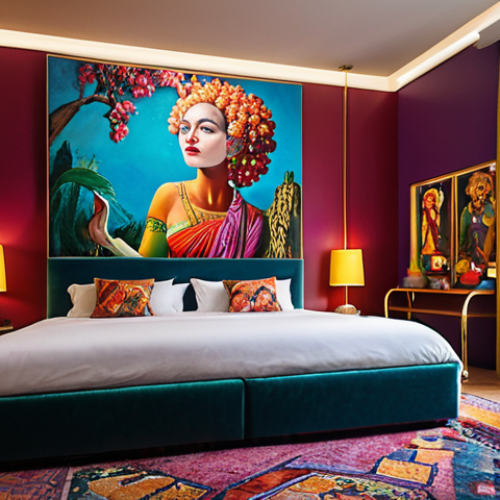 Home 20 **
A luxurious art hotel room, showcasing eclectic interior design with a vibrant painting on the wall. Focus on the unique furniture and artistic lighting. Capture the inspiring atmosphere, suggesting a space for creative activity like writing or painting.
**