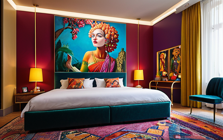 **
A luxurious art hotel room, showcasing eclectic interior design with a vibrant painting on the wall. Focus on the unique furniture and artistic lighting. Capture the inspiring atmosphere, suggesting a space for creative activity like writing or painting.
**