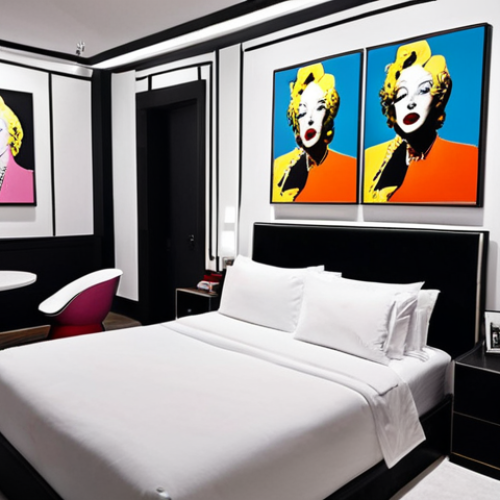 Home 9 **
A hotel room designed as a small art gallery, featuring unique paintings, sophisticated sculptures under soft lighting, and artistic furniture. The room has a pop art theme inspired by Andy Warhol, with black and white photographs covering the walls, creating a cinematic atmosphere.
**