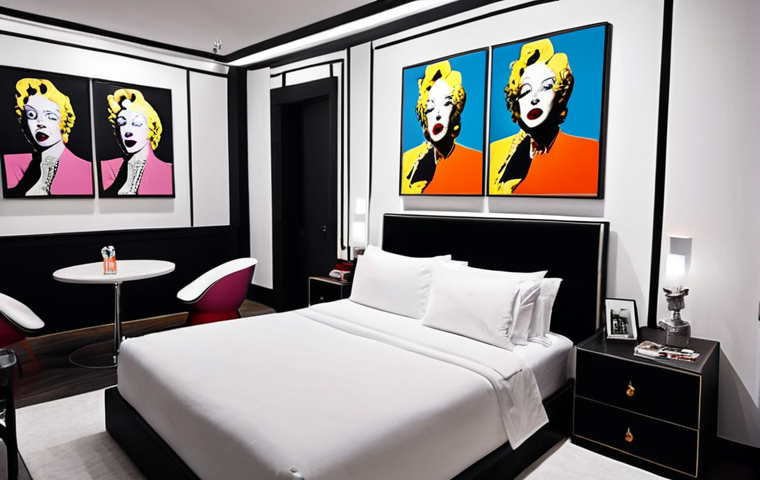 **
A hotel room designed as a small art gallery, featuring unique paintings, sophisticated sculptures under soft lighting, and artistic furniture. The room has a pop art theme inspired by Andy Warhol, with black and white photographs covering the walls, creating a cinematic atmosphere.
**