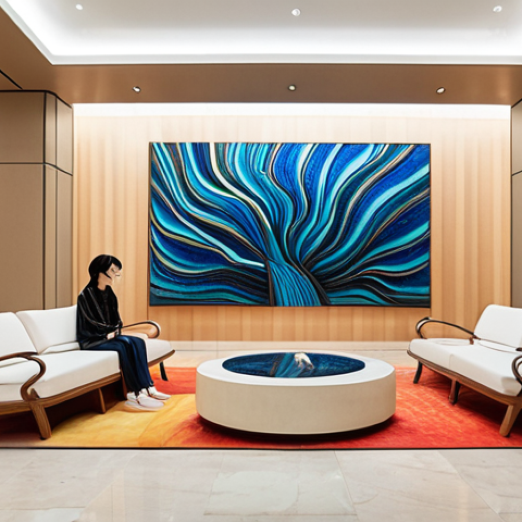 A luxurious, modern art hotel lobby bustling with soft natural light. In the center, a striking, large-scale contemporary art installation, drawing inspiration from traditional Korean patterns reinterpreted with a modern flair, or a dynamic, abstract sculpture reminiscent of the ocean's energy. Young, stylish guests are subtly interacting with the artwork or capturing photos, highlighting the space's "Instagrammable" and "hip" appeal. The overall ambiance is sophisticated, vibrant, and visually stimulating, like a living art gallery.