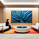 A luxurious, modern art hotel lobby bustling with soft natural light. In the center, a striking, large-scale contemporary art installation, drawing inspiration from traditional Korean patterns reinterpreted with a modern flair, or a dynamic, abstract sculpture reminiscent of the ocean's energy. Young, stylish guests are subtly interacting with the artwork or capturing photos, highlighting the space's "Instagrammable" and "hip" appeal. The overall ambiance is sophisticated, vibrant, and visually stimulating, like a living art gallery.