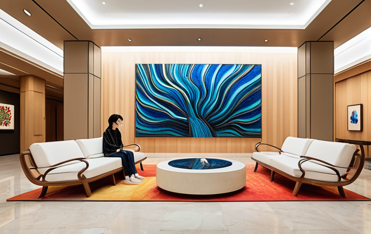 A luxurious, modern art hotel lobby bustling with soft natural light. In the center, a striking, large-scale contemporary art installation, drawing inspiration from traditional Korean patterns reinterpreted with a modern flair, or a dynamic, abstract sculpture reminiscent of the ocean's energy. Young, stylish guests are subtly interacting with the artwork or capturing photos, highlighting the space's "Instagrammable" and "hip" appeal. The overall ambiance is sophisticated, vibrant, and visually stimulating, like a living art gallery.